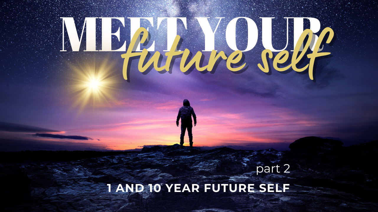 A person looking wistfully to the future with the words Meet Your Future Self Part 2 in white text on the graphic